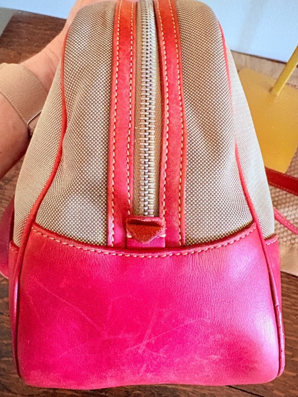 Prada Beige Canvas Shoulder Bag with Red Leather Trim COA - Picture 5 of 13